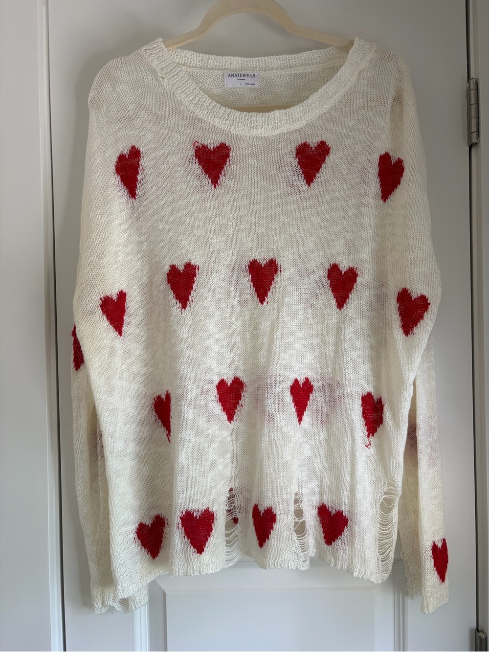 ANNIEWEAR Cream Crewneck Sweater with Red Heart Pattern